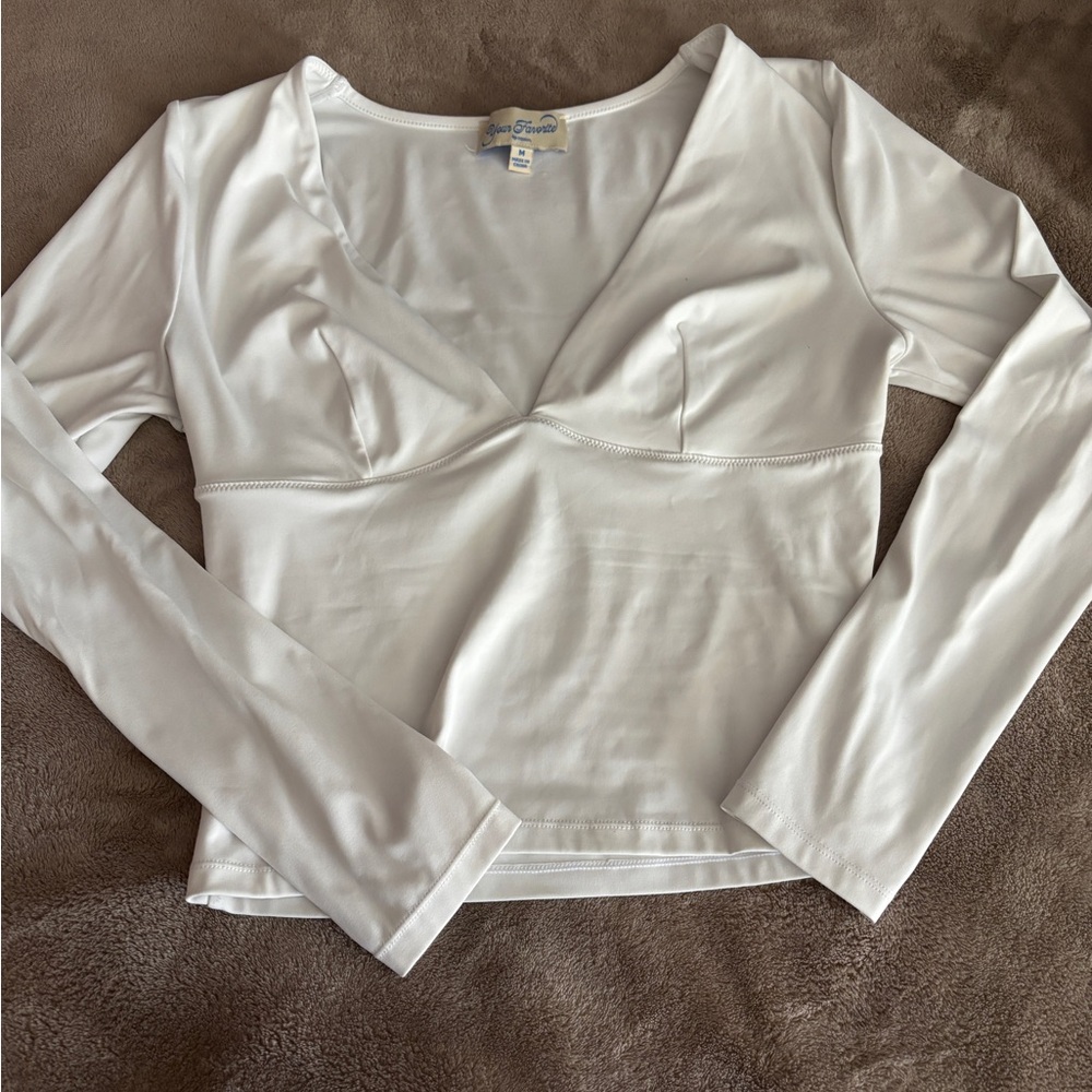 PacSun White Long Sleeve V-Neck Fitted Top